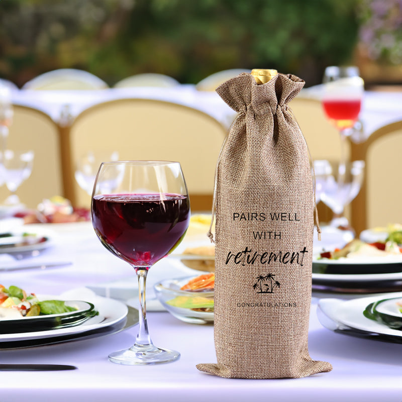Red Wine Bag for Retirement Celebration: Party Wine Packaging Bag, Imitation Linen Drawstring Pouch, Gift Bag
