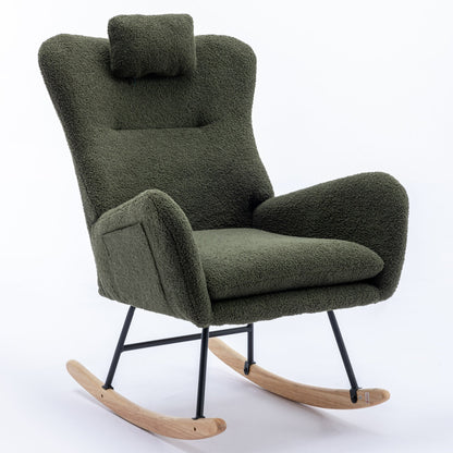 35.5-inch soft Teddy fabric rocking chair with pockets, comfortable wing straps, secure solid wood base (dark green)
