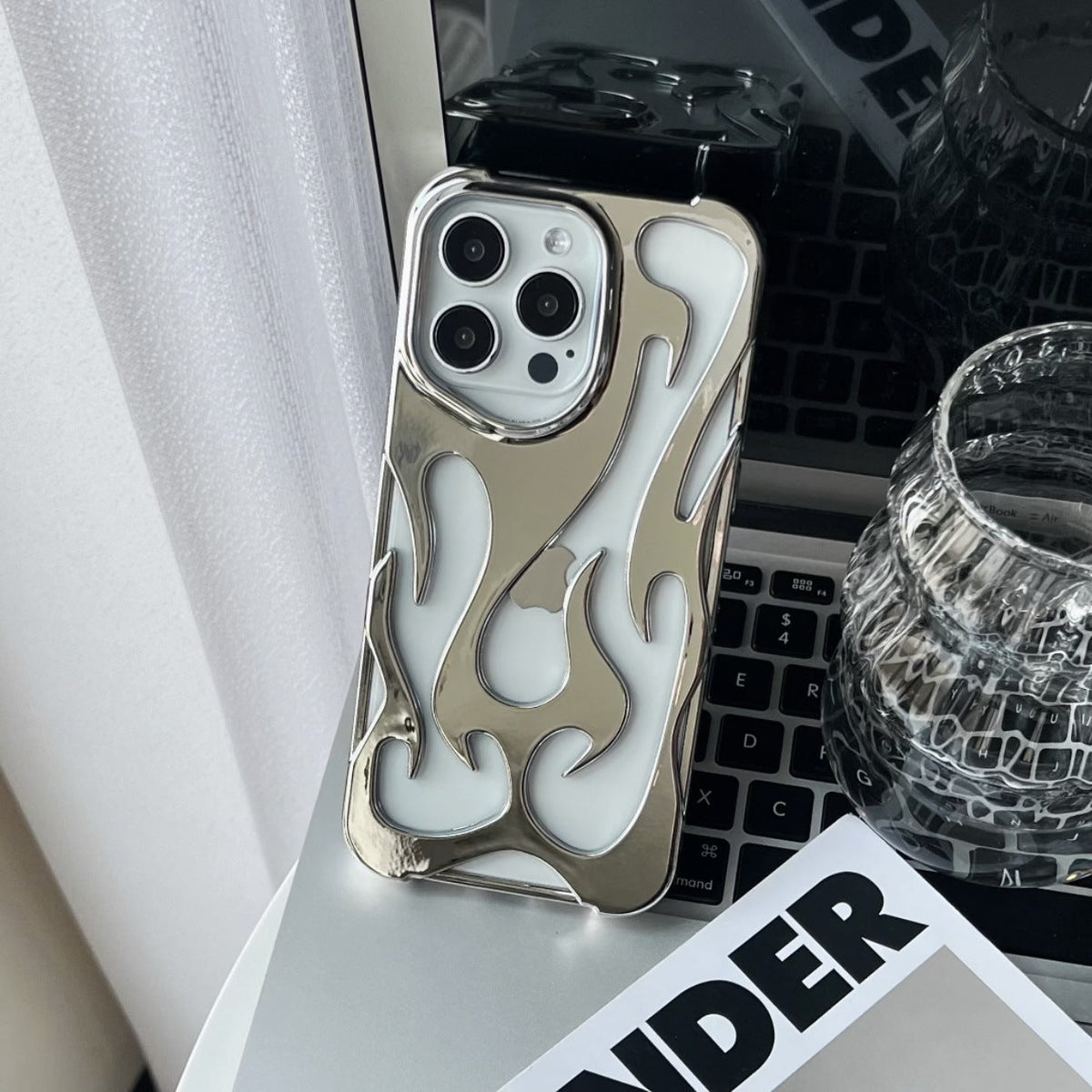 Electroplated hollow flame pattern phone case suitable for iPhone 15 Pro, simple all inclusive, Apple 14 anti drop protective cover