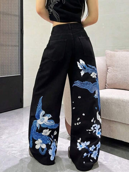 Women's Printed Washed Jeans Wide Leg Loose Straight