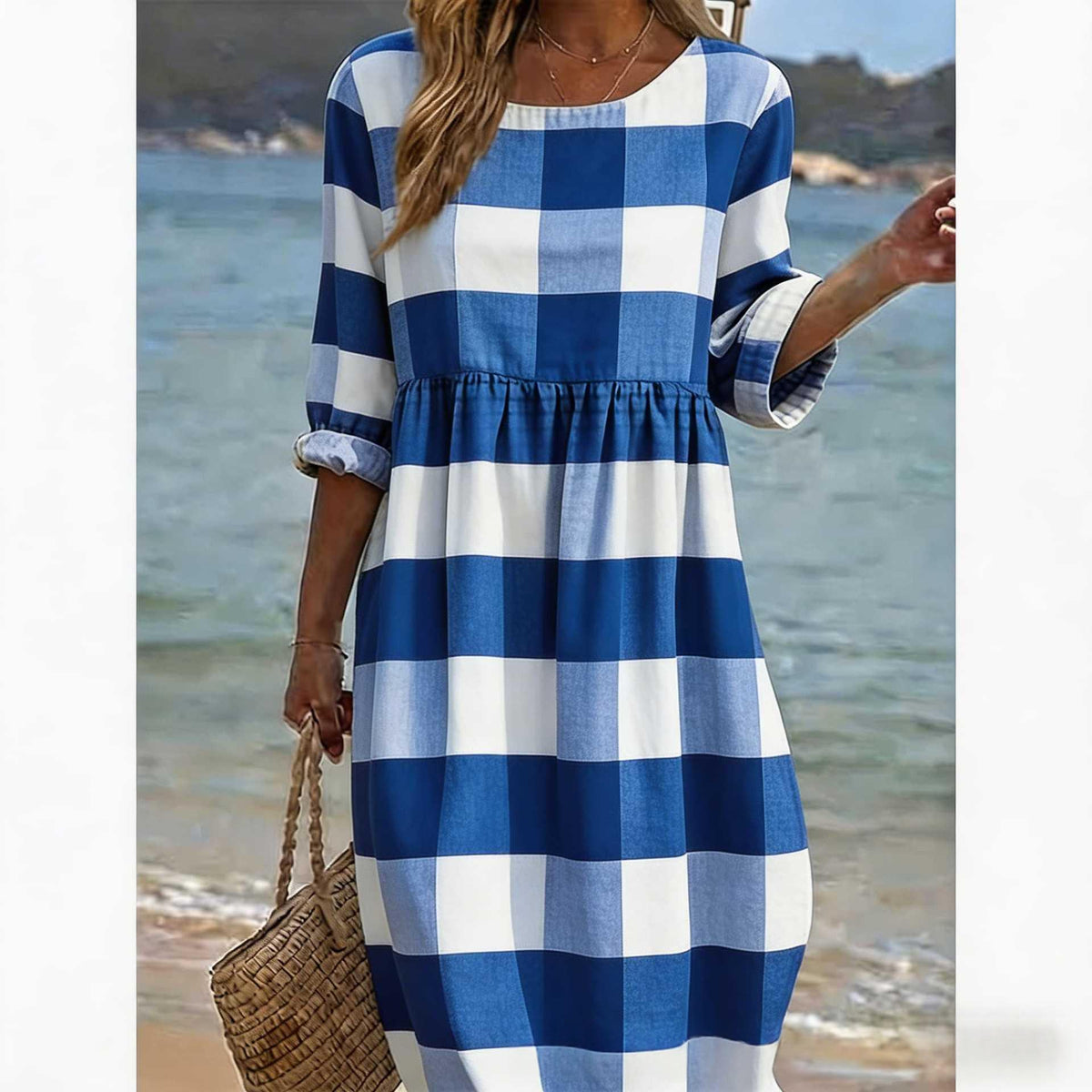 Womens Casual Patchwork Cotton-Linen Dress