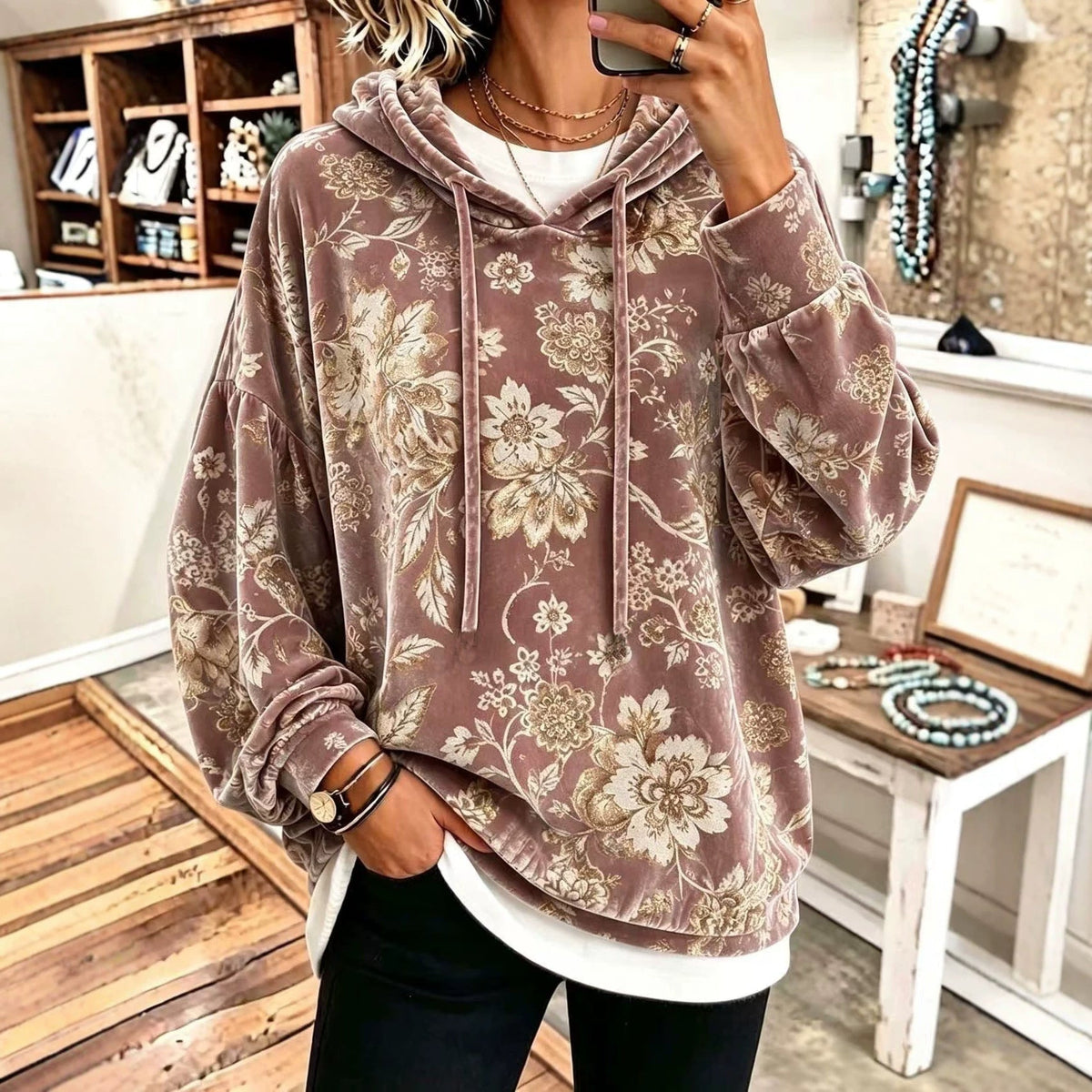 Women's Velvet Hooded Floral Sweatshirt Loose-fitting Long-sleeve Top