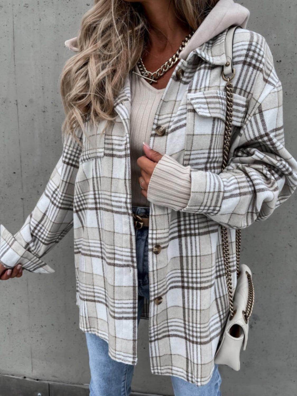 Plaid Dropped Shoulder Hooded Jacket for Casual Style