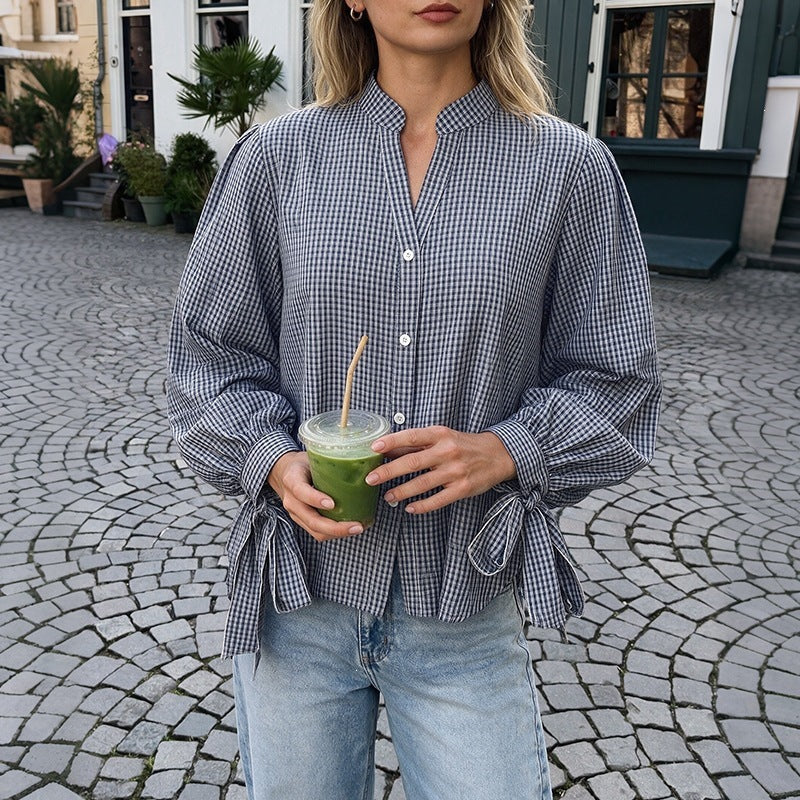 Gingham Plaid Tie-Cuff V-Neck Blouse