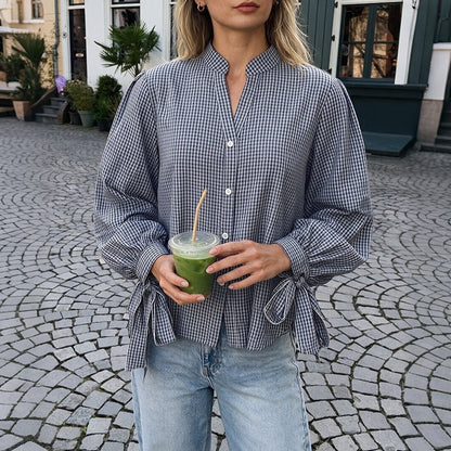 Gingham Plaid Tie-Cuff V-Neck Blouse