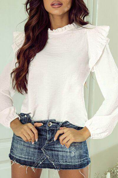 Frill Mock Neck Ruffled Balloon Sleeve Blouse for Women