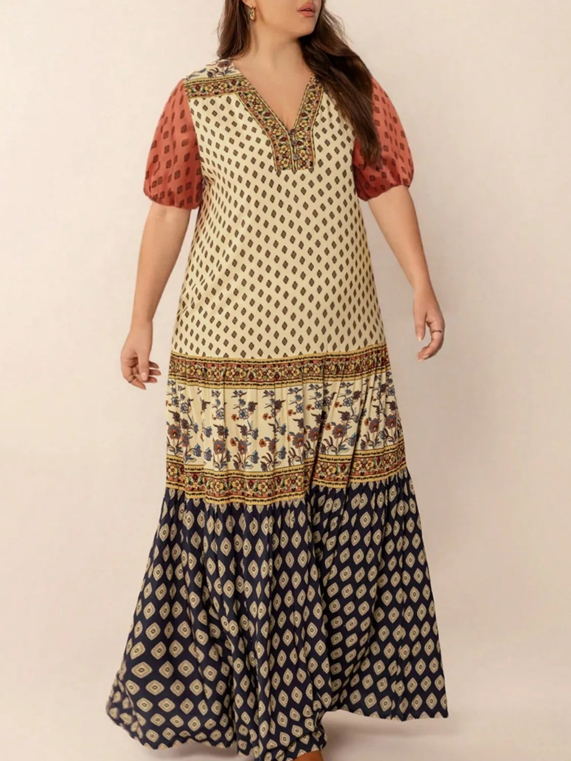Plus Size Ruched Printed Short Sleeve Midi Dress