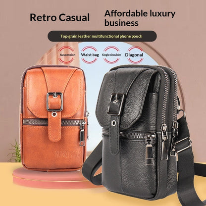 Genuine Leather Belt-Attached Multifunctional Phone Bag Mens Waist Bag