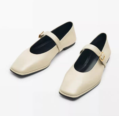 Genuine Leather Square-toe Flat Shoes For Women With Shallow Mouth And Single Strap