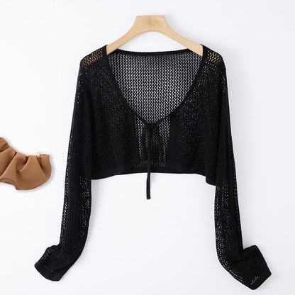 Women's Summer Short Hollow-out Mesh Shirt Ice Silk Shawl Blouse Cardigan