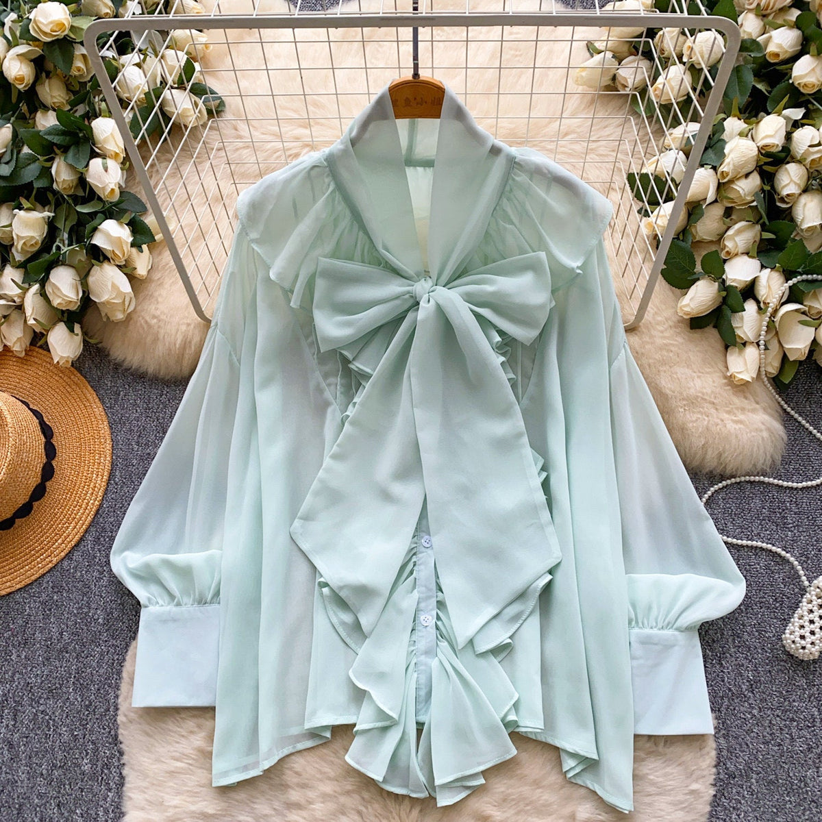 Womens Solid-Color Chiffon Blouse With Ruffled Hem And Long Sleeves