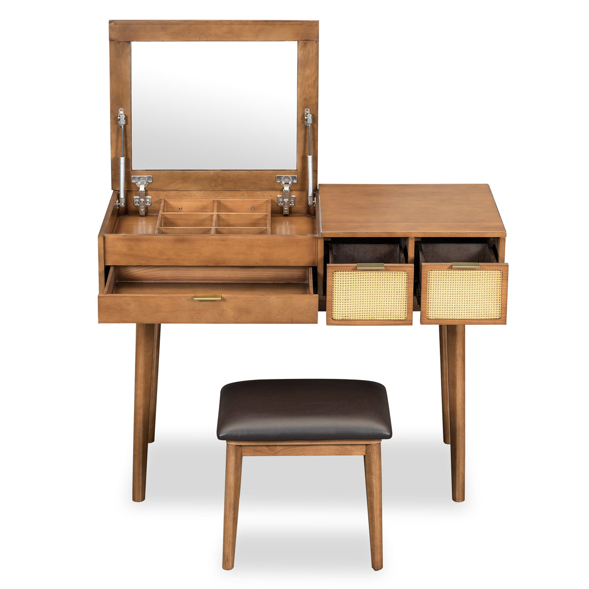 43.3 "Wooden vanity set with flip mirror and stool, three drawers and storage space for dressing table, brown