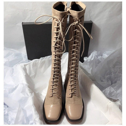 Stitched Round-toe Lace-up High-top Womens Boots