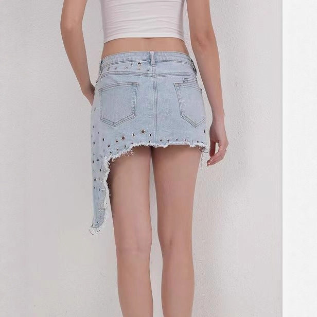 Womens Denim Ripped Irregular Slant Hem Mini Skirt