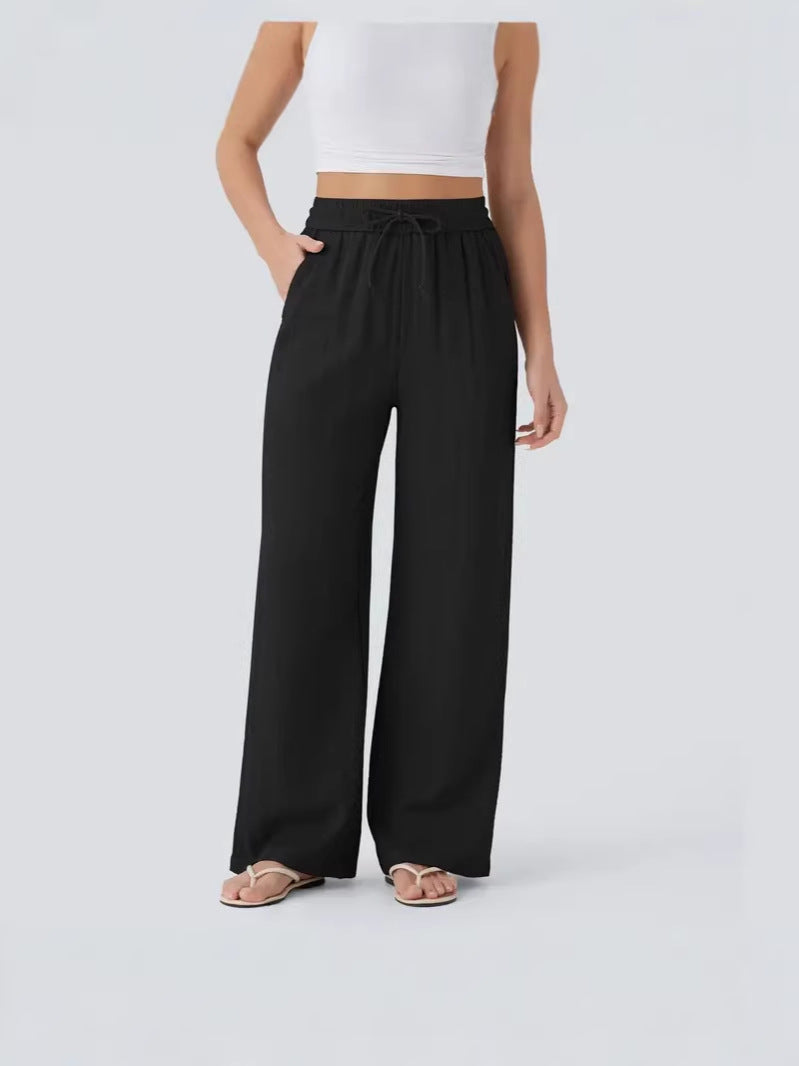 2026 High-Waisted Drawstring Side Pocket Casual Style Linen Flowy Elastic Beach Wide-Leg Pants Women's Cloud Cotton Casual Pants