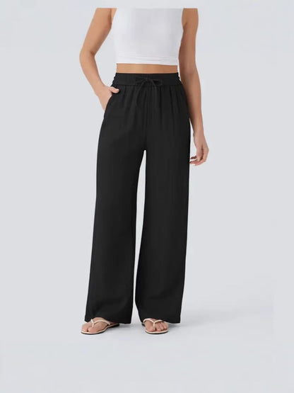 2026 High-Waisted Drawstring Side Pocket Casual Style Linen Flowy Elastic Beach Wide-Leg Pants Women's Cloud Cotton Casual Pants