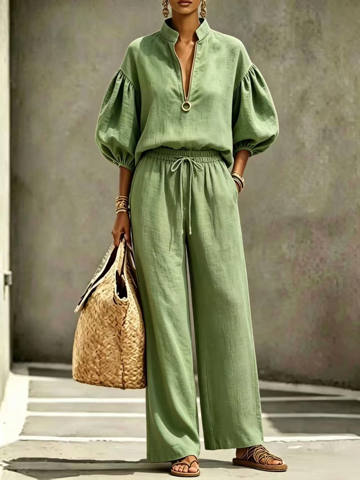 Loose-fitting Solid-color Womens Set With A Half-zip And Puff Sleeves