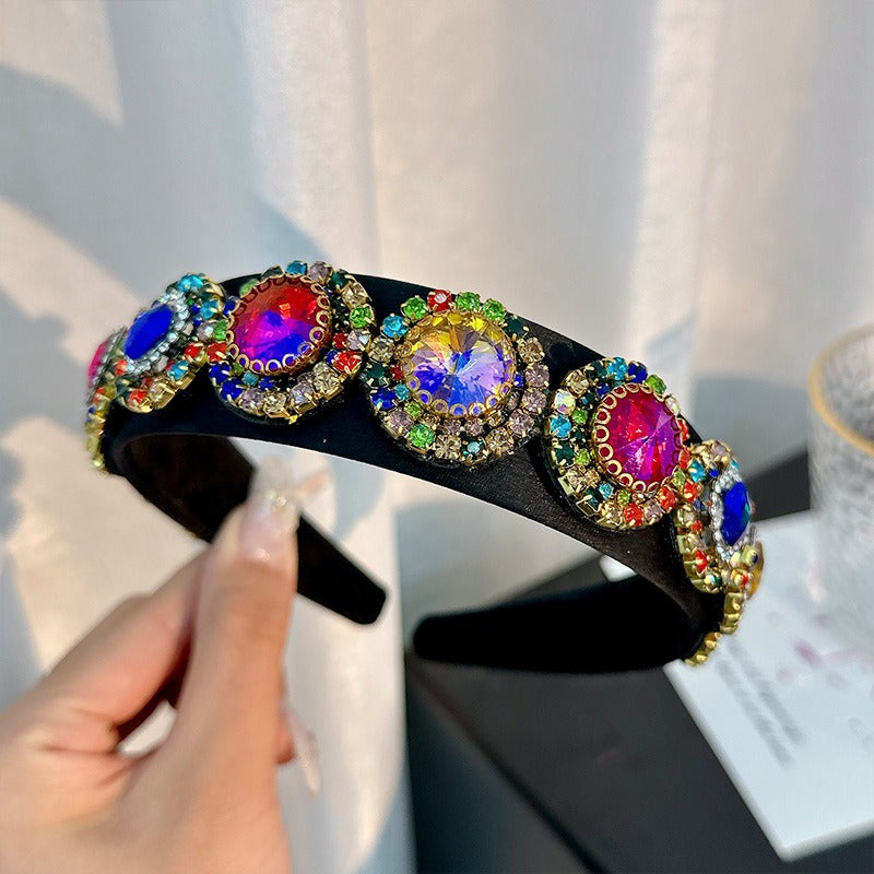 Fashionable glass inlaid diamond wide edge sponge hair hoop