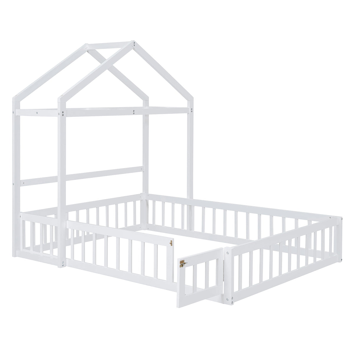 Wooden Full Size Children's Bed with Detachable Headboard and Integrated Clothes Drying Rack, White