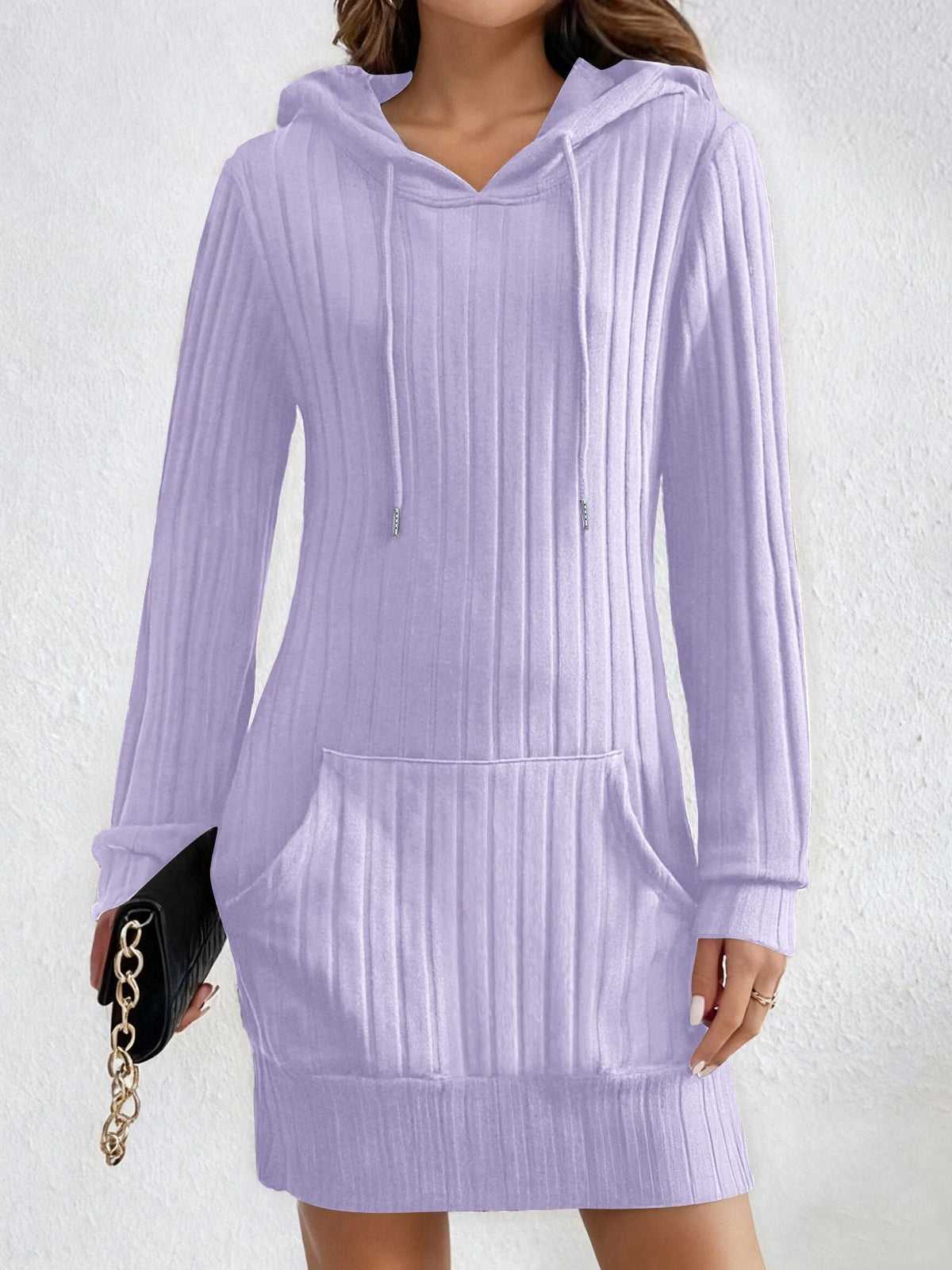 Knitted Hooded Ribbed Pocket Long-sleeve Dress