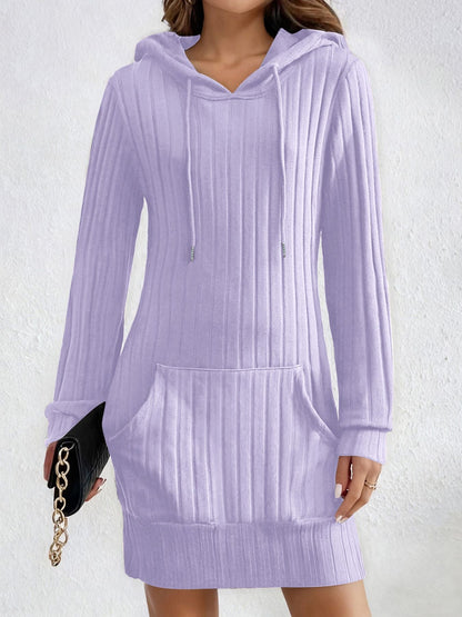 Knitted Hooded Ribbed Pocket Long-sleeve Dress