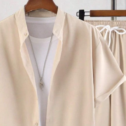 Men's Short Sleeve Cardigan Stand Collar Shirt Pants Suit