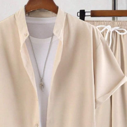 Men's Short Sleeve Cardigan Stand Collar Shirt Pants Suit