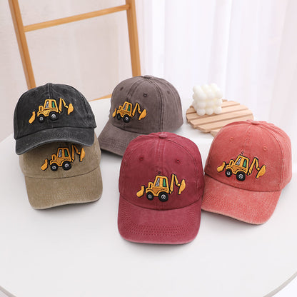 Children's Water-washed Embroidered Digging Machine Baseball Cap For Outdoor Leisure, Sun Protection, Versatile And Stylish.