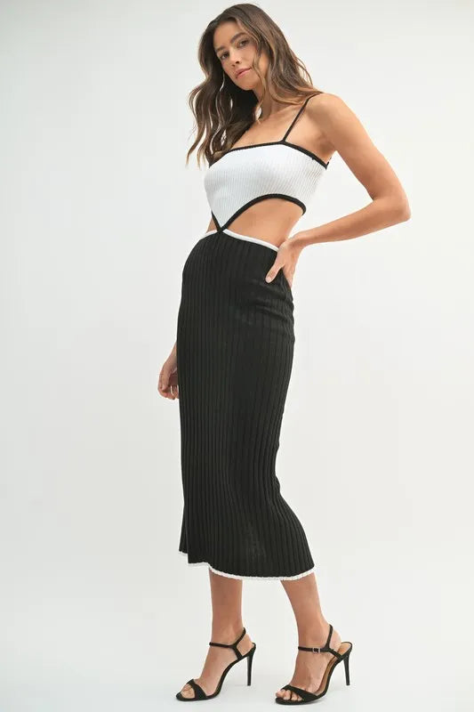 MABLE Ribbed Knit Color Block Cutout Midi Dress