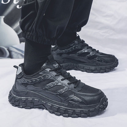 Men Black Safety Work Sneakers, Breathable Anti-slip Tire Sole Height Boost Trendy Dad Shoes