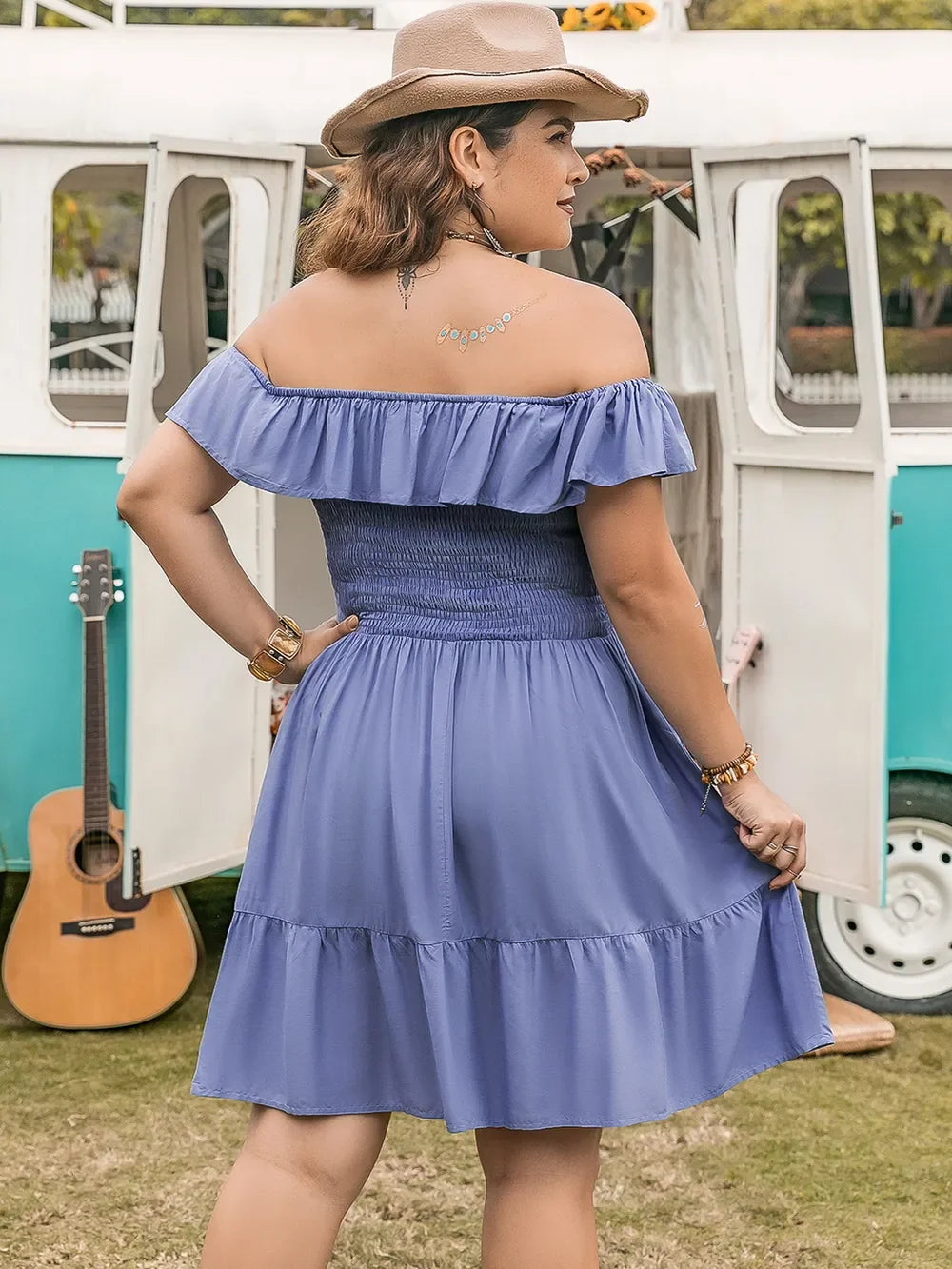 Plus Size Ruffled Smocked Off-Shoulder Mini Dress