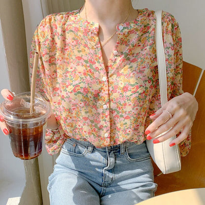 Women's Floral Chiffon Top Long Sleeve Shirt