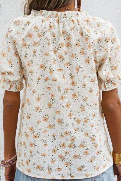 Frill Printed Notched Short Sleeve Blouse for Women