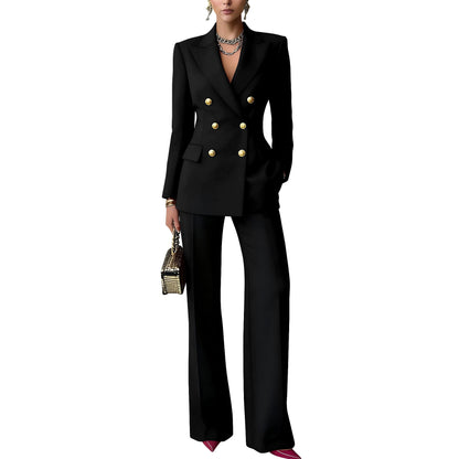 Solid-color Buttoned Suit Pants Set Notched-lapel Professional Outfit