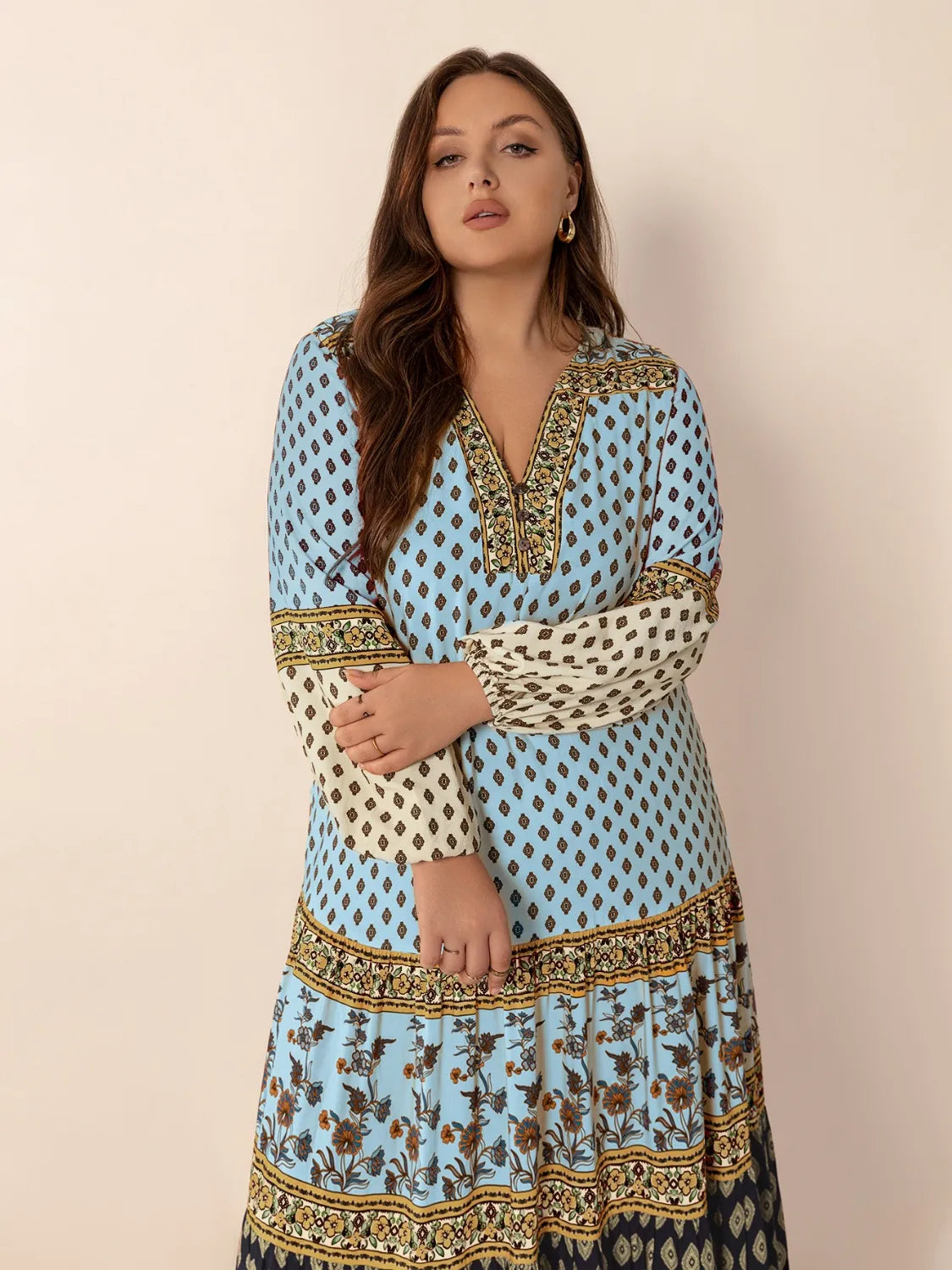 Plus Size Printed V-Neck Balloon Sleeve Maxi Dress