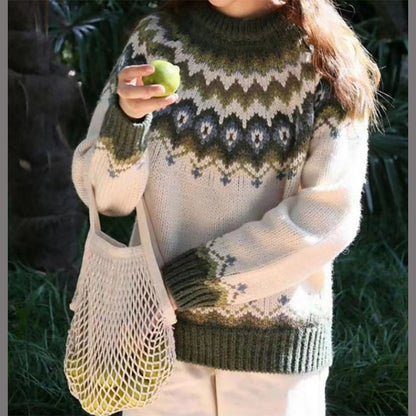 Round Neck Pullover Jacquard Vintage Print Sweater