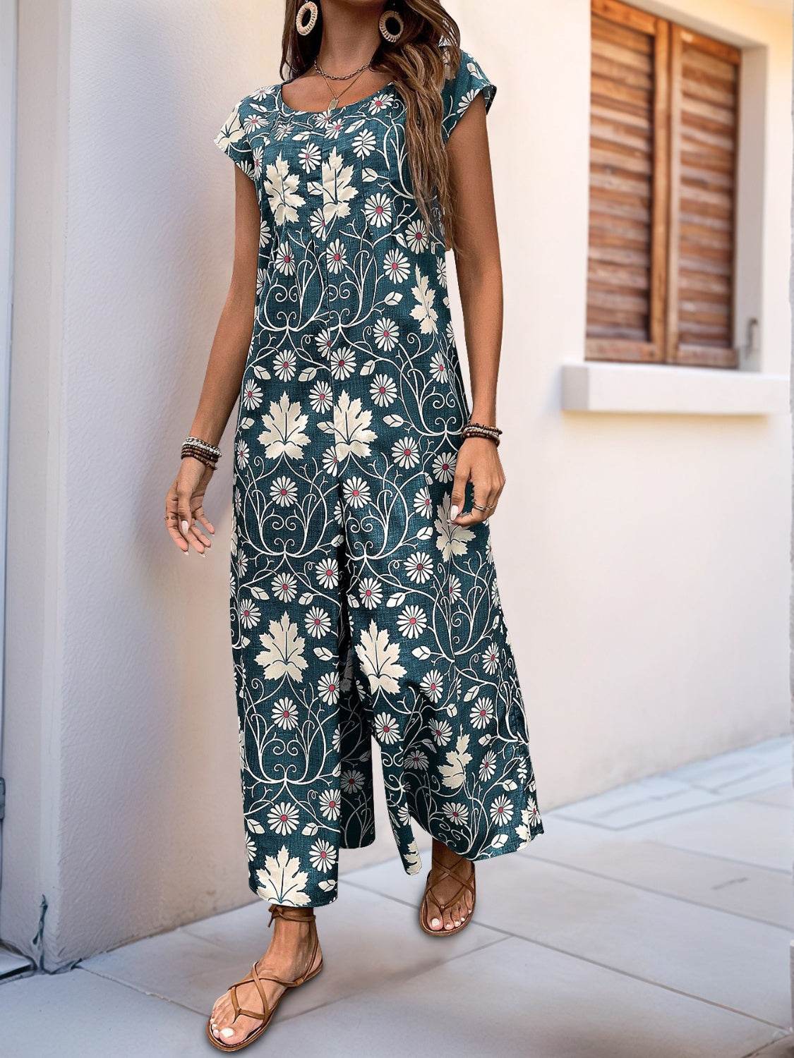 Perfee Printed Round Neck Cap Sleeve Wide Leg Jumpsuit