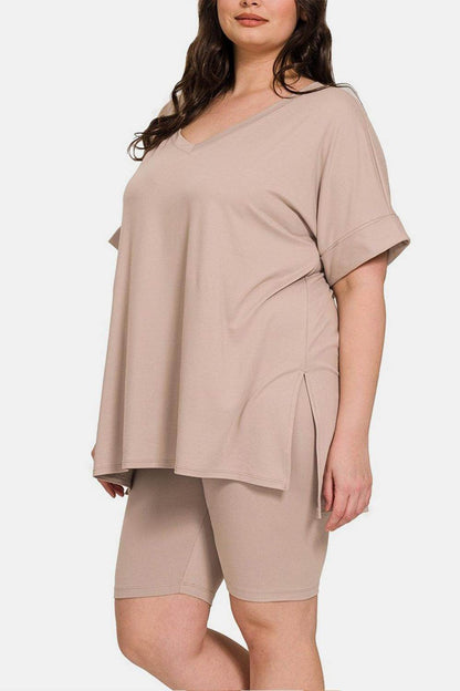 Zenana Full Size V-Neck Short Sleeve Slit T-Shirt Set