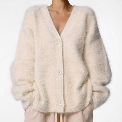 Loose V-neck Button Cardigan Fall Winter Fashion Single Breasted Knitted Sweater Top Women's Clothing