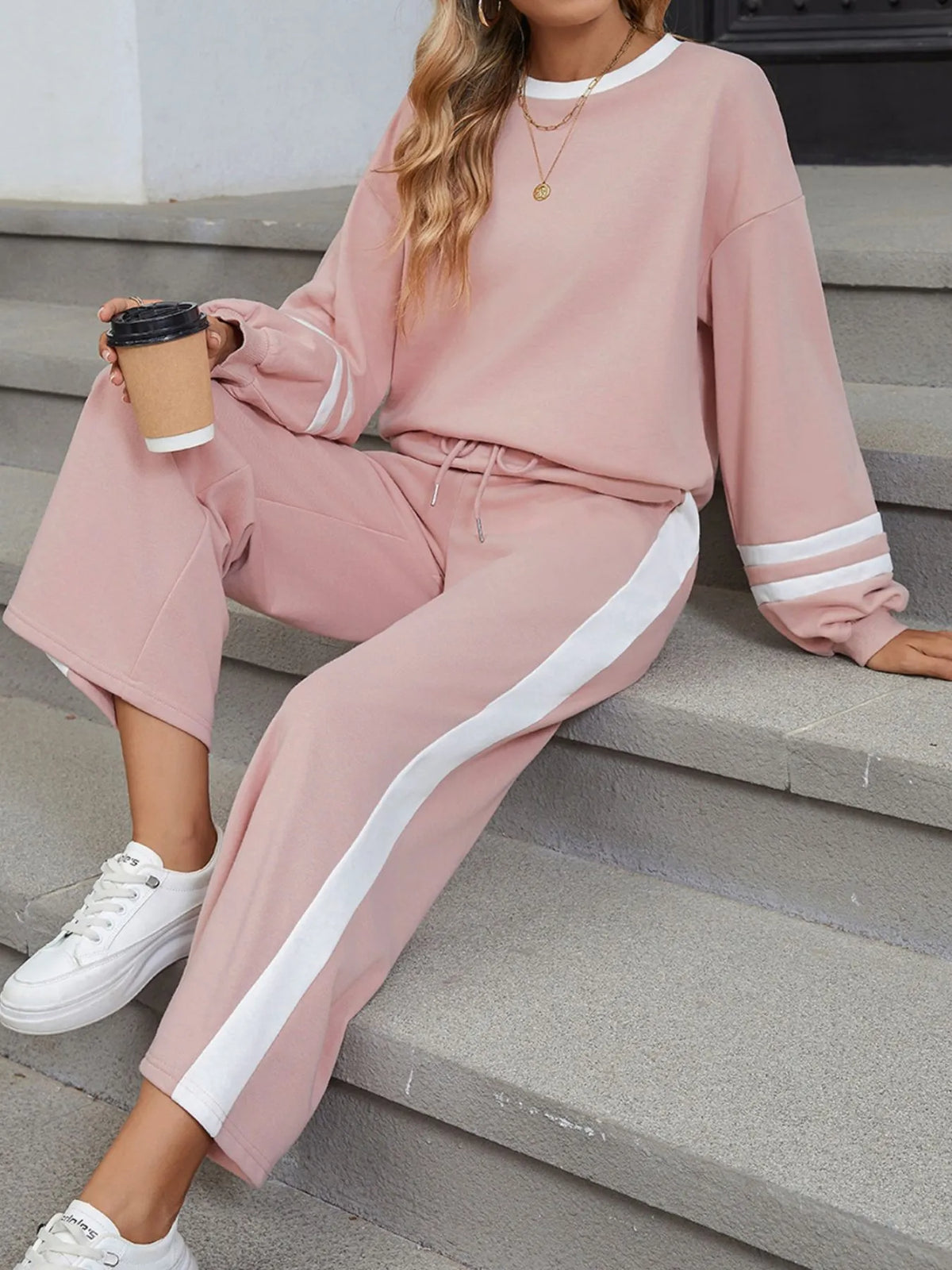 Contrast Trim Round Neck Top and Pants Set