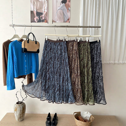 Retro-relaxed Mesh Paisley Pleated Midi Skirt