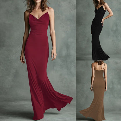 Amazon Cross-border Foreign Trade Summer Off-shoulder Slip Dress, Simple Solid Color Slim-fit Bodycon Fishtail Midi Dress