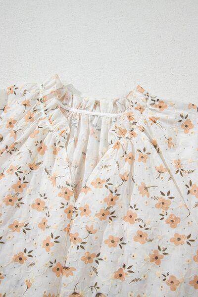 Frill Printed Notched Short Sleeve Blouse for Women