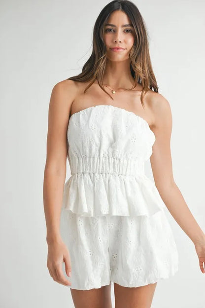 MABLE Floral Eyelet Lace Tube Top and Short Set
