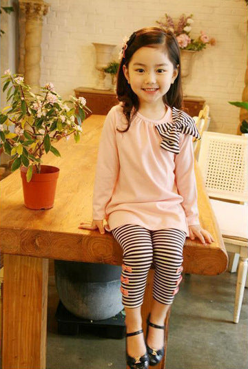 Girls Striped Bow Tie Round Neck T-shirt  Leggings Kids Suit