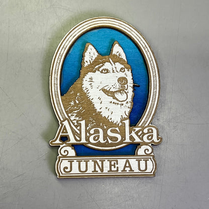 (2 PACK) Huskey Dog Laser Cut Wood Magnet Souvenir JUNEAU, AK Made In USA