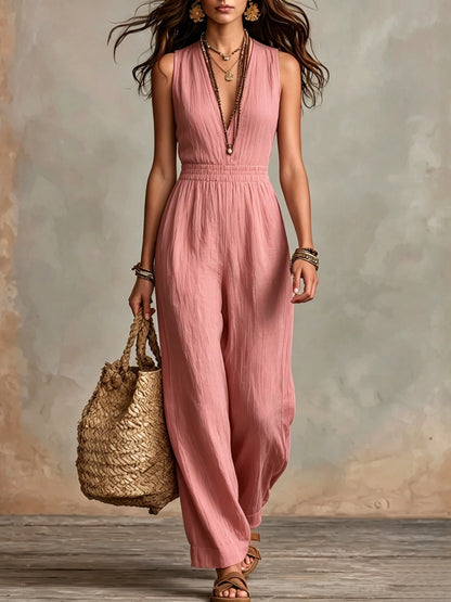 Women's Solid-Color Halter Neck V-Neck Slim-Fit Jumpsuit