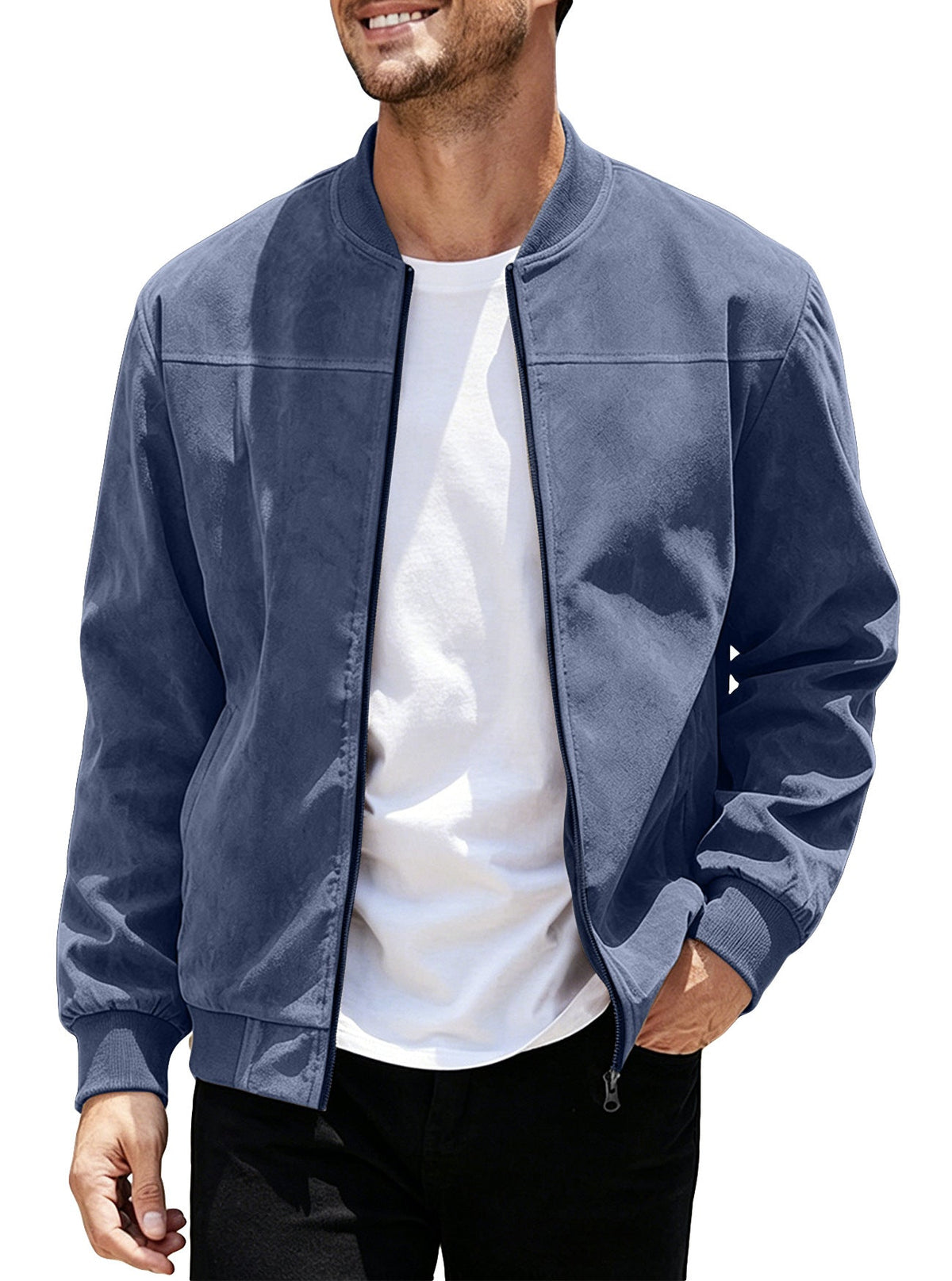 Cross-Border European And American  Men's Suede Zipper Jacket With Solid Color Patchwork Design, Simple Solid Color Outerwear