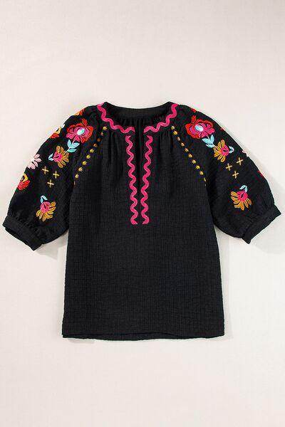 Floral Embroidered Notched Puff Sleeve Blouse for Women