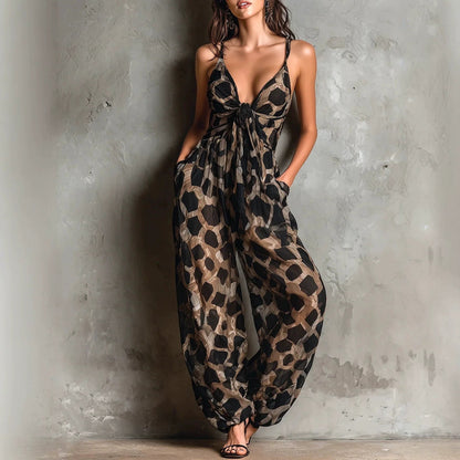Retro Leopard Print Deep V-neck Tie-detail Strap Jumpsuit